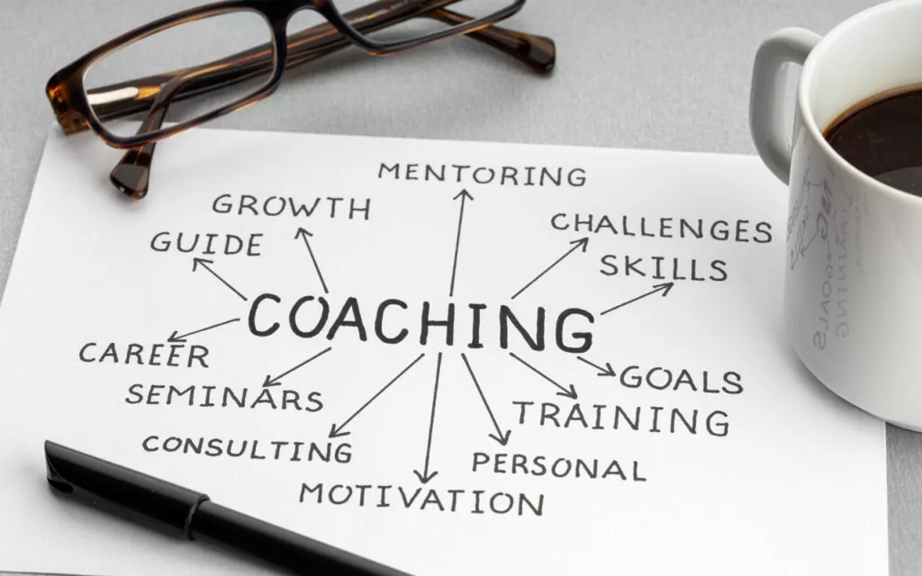 דף עם מילים המתארות Coaching במרכז מוקף במילים כמו Growth Mentoring ו-Challenges