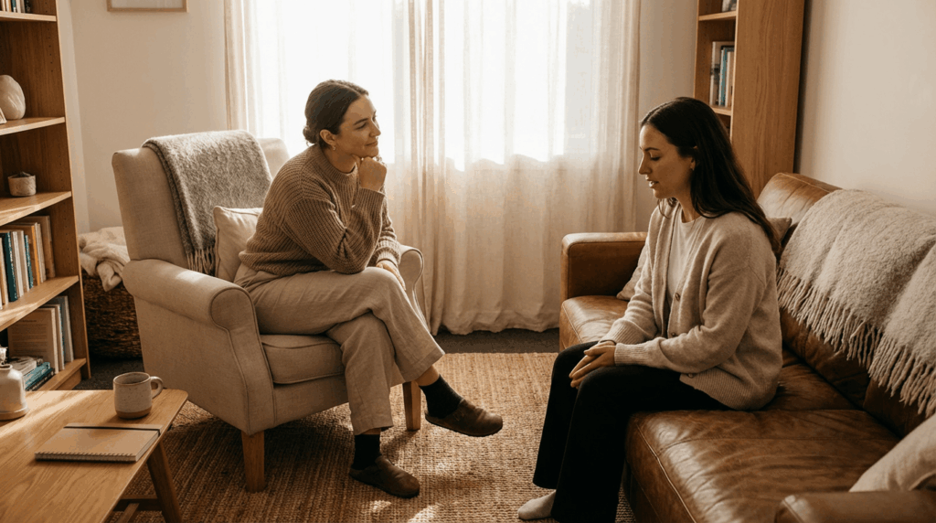 חדר טיפול שקט עם תאורה רכה, מרקמים חמימים ותחושה של ביטחון רגשי. אדם אחד מקשיב בקשב רב, והאחר מדבר ברוגע. האווירה אינטרוספקטיבית, תומכת ועדינה. צילום עריכתי איכותי, מציאותי ומכבד.