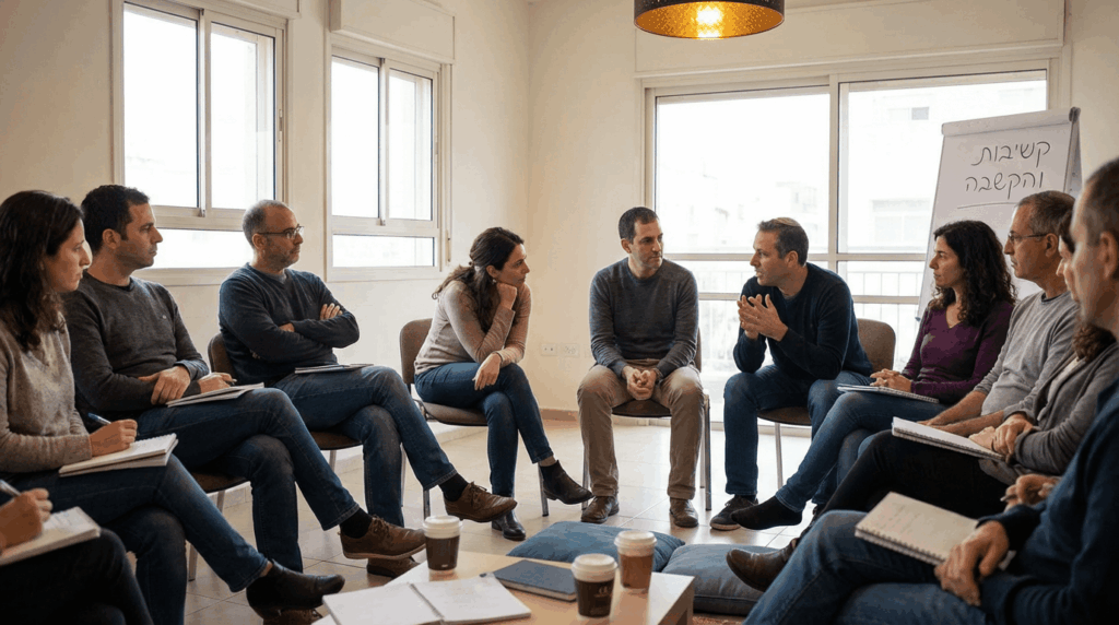 קבוצת סטודנטים בוגרים בסדנת הכשרת מאמנים, יושבים במעגל ומתרגלים הקשבה עמוקה ושיחה משמעותית. תאורה חמימה, מחברות בידיים, הבעות קשובות ומעורבות. האווירה ממוקדת, אנושית ומכוונת לצמיחה. צילום חינוכי־מערכתי בסגנון עריכתי.