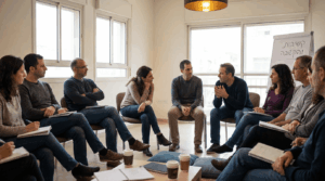 קבוצת סטודנטים בוגרים בסדנת הכשרת מאמנים, יושבים במעגל ומתרגלים הקשבה עמוקה ושיחה משמעותית. תאורה חמימה, מחברות בידיים, הבעות קשובות ומעורבות. האווירה ממוקדת, אנושית ומכוונת לצמיחה. צילום חינוכי־מערכתי בסגנון עריכתי.