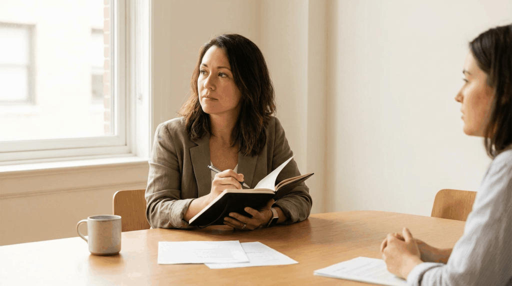 מפגש אימון לקריירה עם איש מקצוע בוגר המחזיק מחברת, מתבונן בבחירות ובכיוון המקצועי שלו. תאורה טבעית ורכה, סביבת עבודה מינימליסטית ואווירה מהורהרת. דגש על קבלת החלטות, בהירות והתאמה אישית. צילום עריכתי איכותי, מציאותי ורגוע.