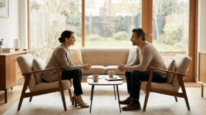 מפגש אימון מקצועי רגוע בחדר מודרני וניטרלי. שני מבוגרים יושבים בגובה שווה ומשוחחים בשיחה ממוקדת ומכבדת. תאורה טבעית, גוונים חמים ועיצוב מינימליסטי. האווירה משדרת בהירות, אמון וצמיחה אישית. צילום עריכתי איכותי, מציאותי ואותנטי.