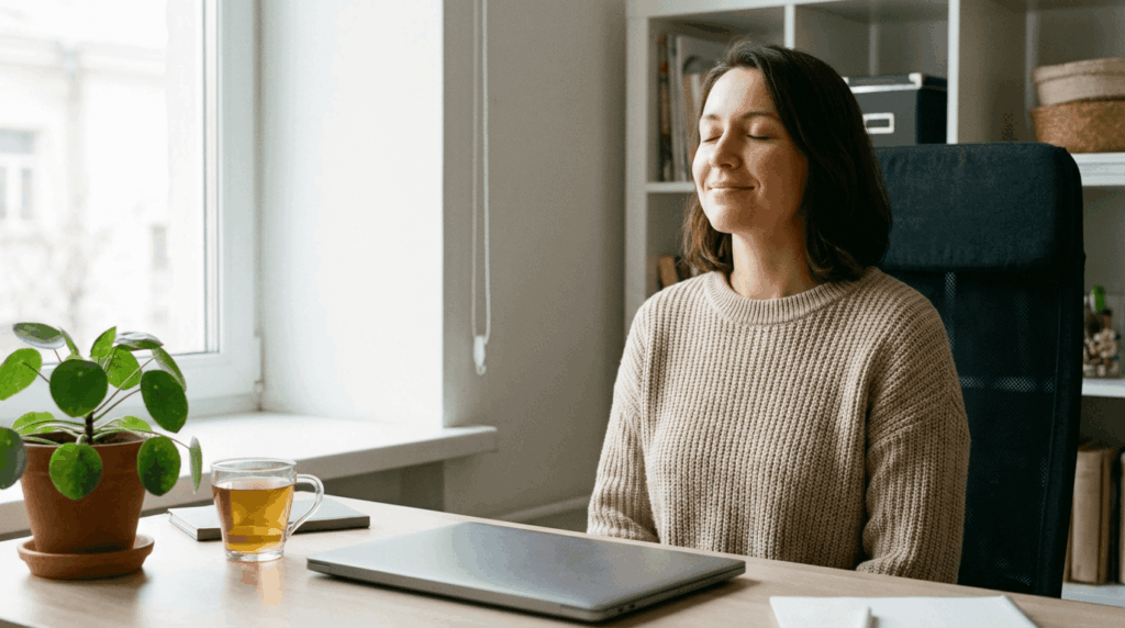 עובד משרד מתרגל נשימה מודעת ליד השולחן בזמן הפסקה קצרה, הבעת פנים רגועה ושלווה, המחשב הנייד סגור, תאורת יום רכה, צילום לייף־סטייל ריאליסטי, יחס רוחב־גובה 16:9.